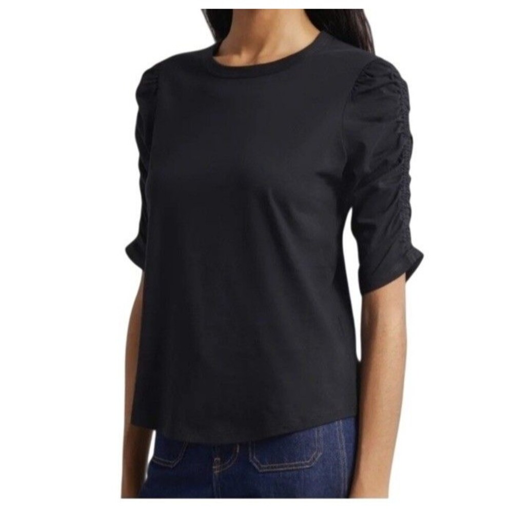 Veronica Beard Waldorf Black Tee M Ruched Sleeves Top